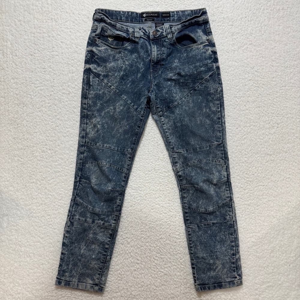 Rocawear Mens Slim Fit Acid Wash Moto Jeans Mens 36x28